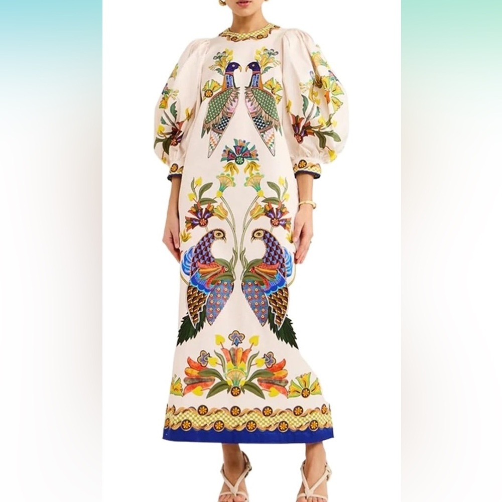 Autumn Printed Peacock 3/4 Sleeves Round Neck Dress